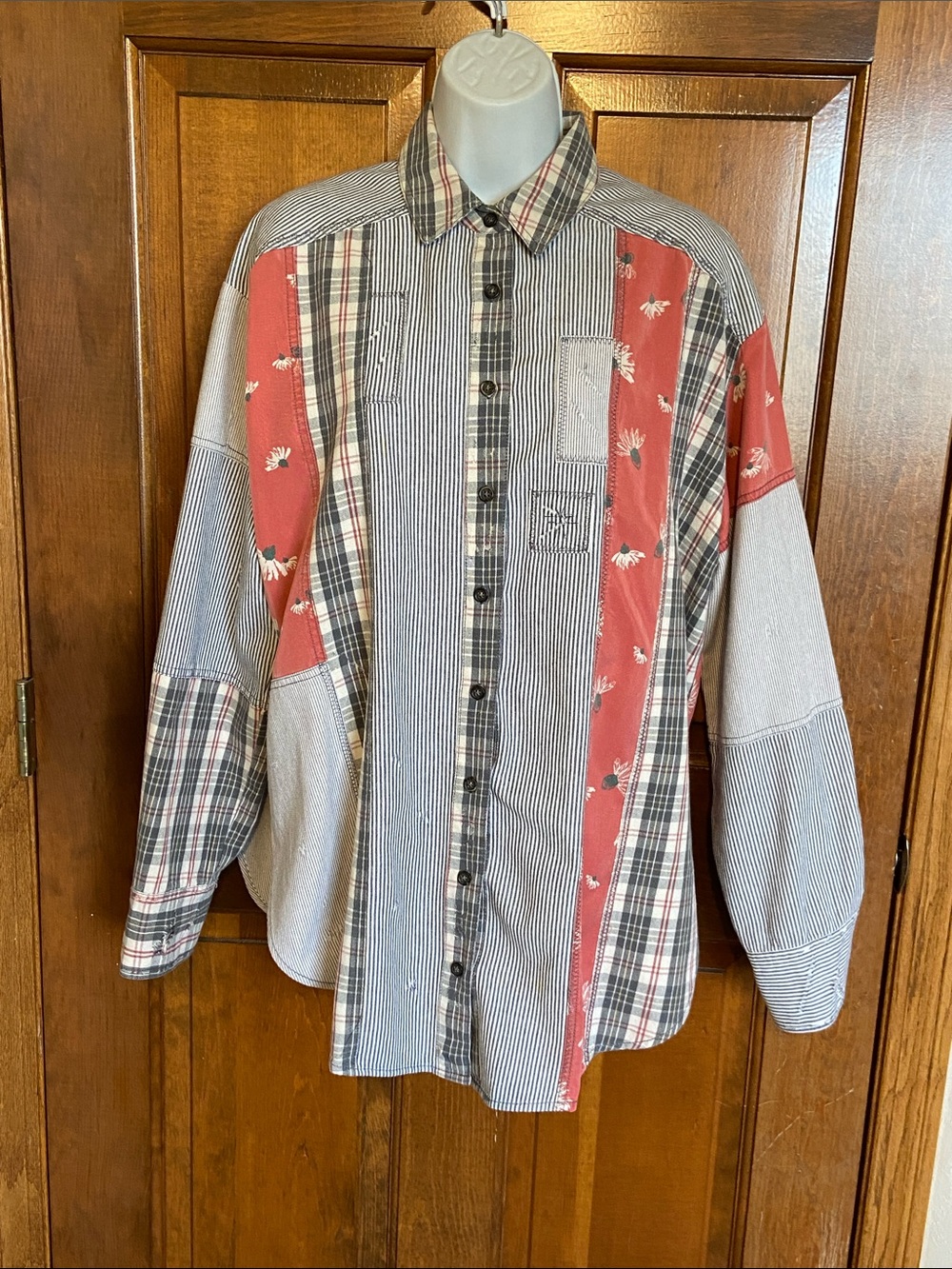 Free People “All Patched Up” Full button Down Distress OS Size Medium - Picture 3 of 11